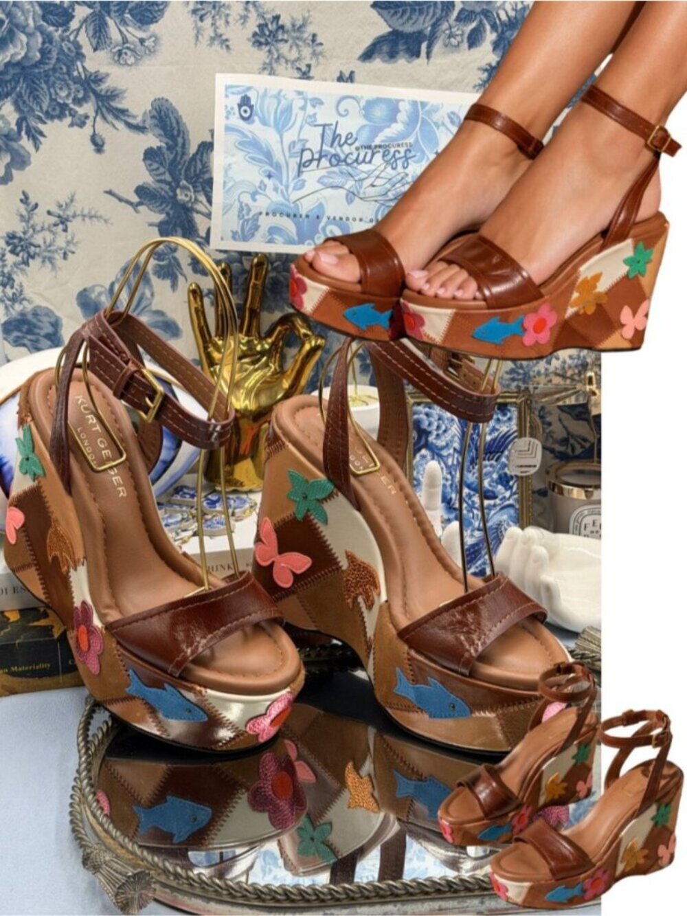 🆕 KURT GEIGER LONDON 🧿 NWOB Patchwork Platform Wedge Heel, Brown - Sz 37 US 7